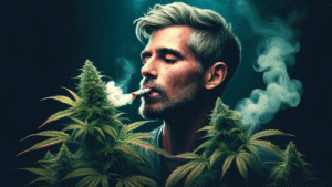 A man smoking a joint on a black background. 